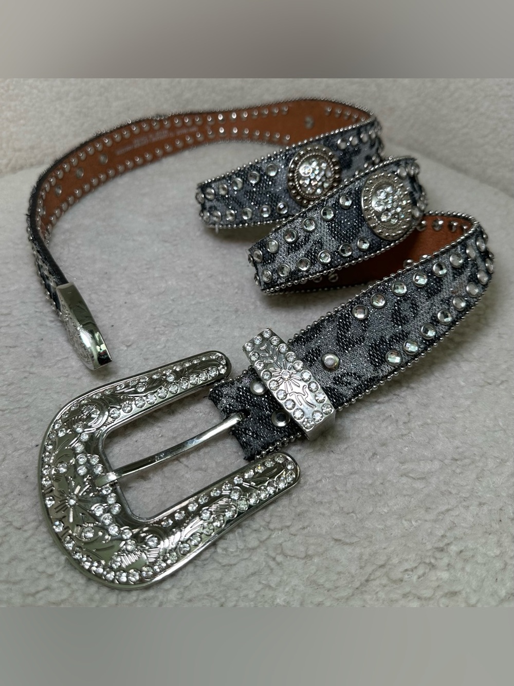 Blazin Roxx Y2K Rhinestone Belt‎ Bling Buckle Western Cowgirl Grey Gray Leopard